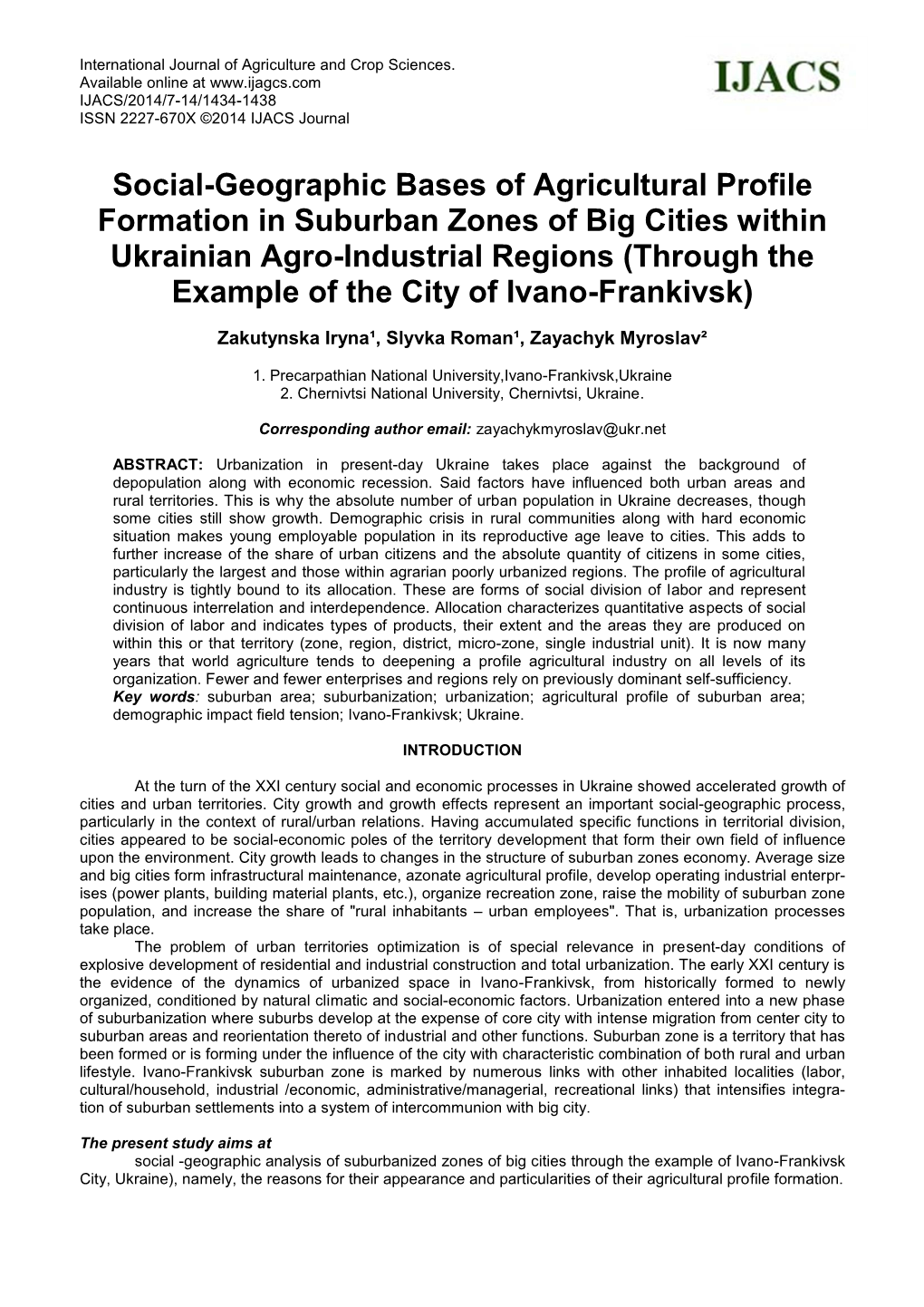 Social-Geographic Bases of Agricultural Profile Formation in Suburban Zones of Big Cities Within Ukrainian Agro-Industrial Regio