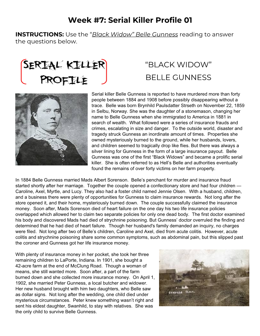 Belle Gunness ​ ​Reading to Answer the Questions Below