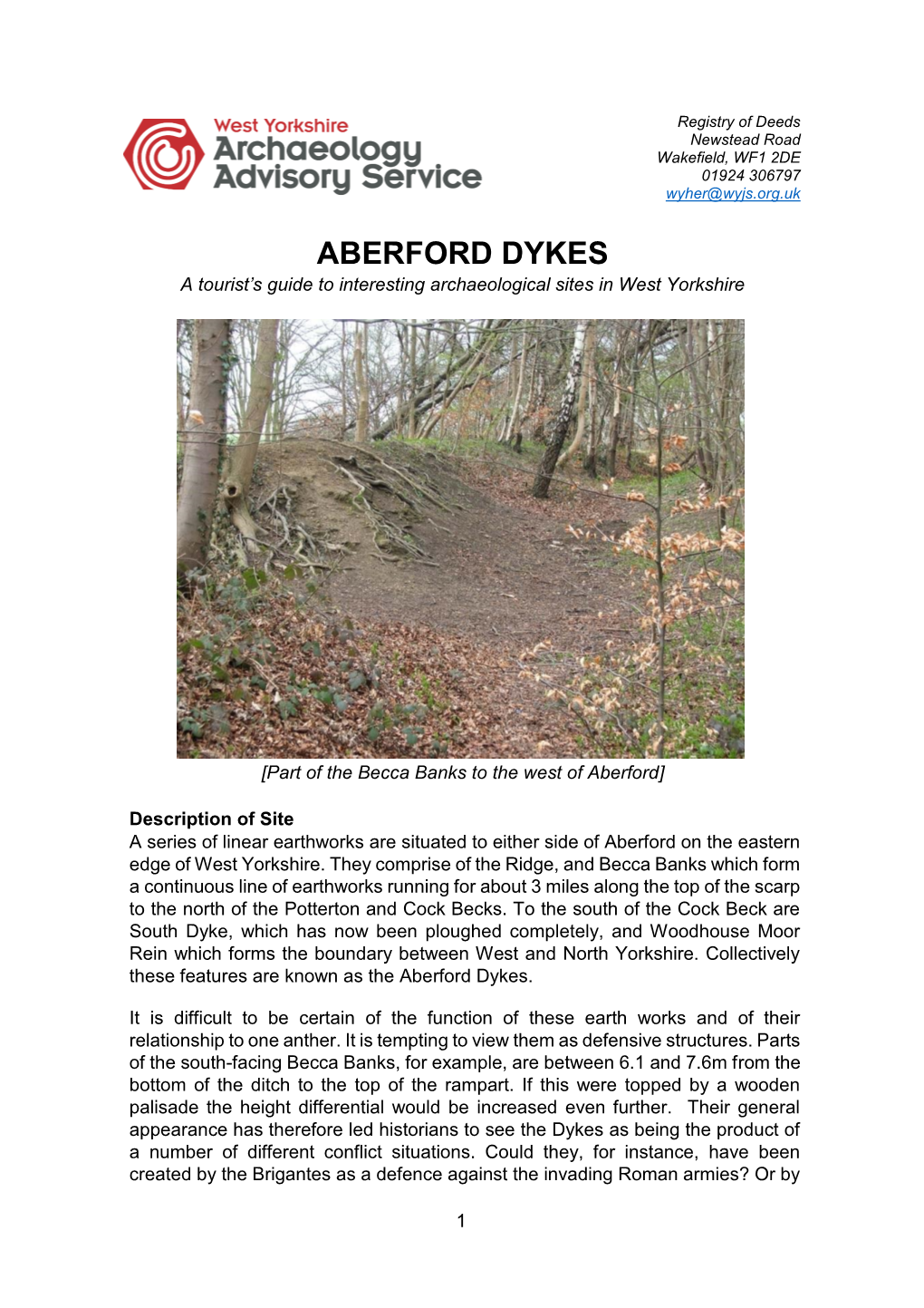 ABERFORD DYKES a Tourist’S Guide to Interesting Archaeological Sites in West Yorkshire