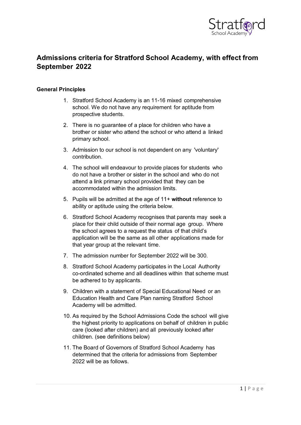 Admissions Criteria for Stratford School Academy, with Effect from September 2022