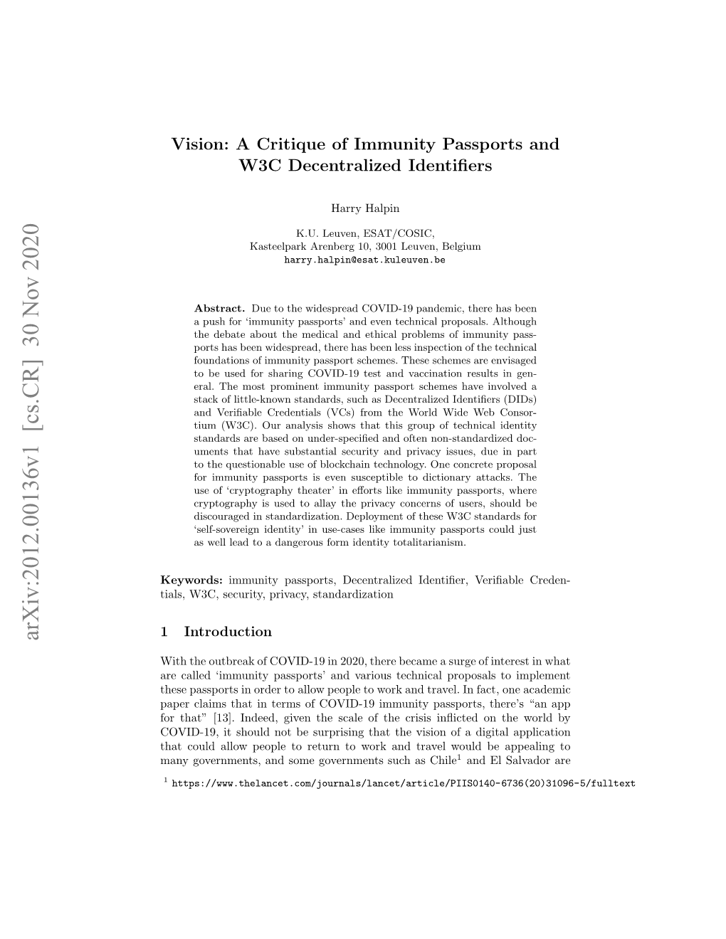 A Critique of Immunity Passports and W3C Decentralized Identifiers