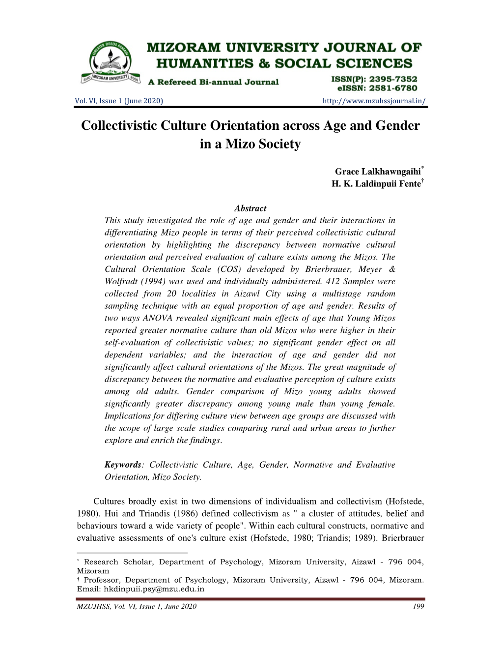 Collectivistic Culture Orientation Across Age and Gender in a Mizo Society