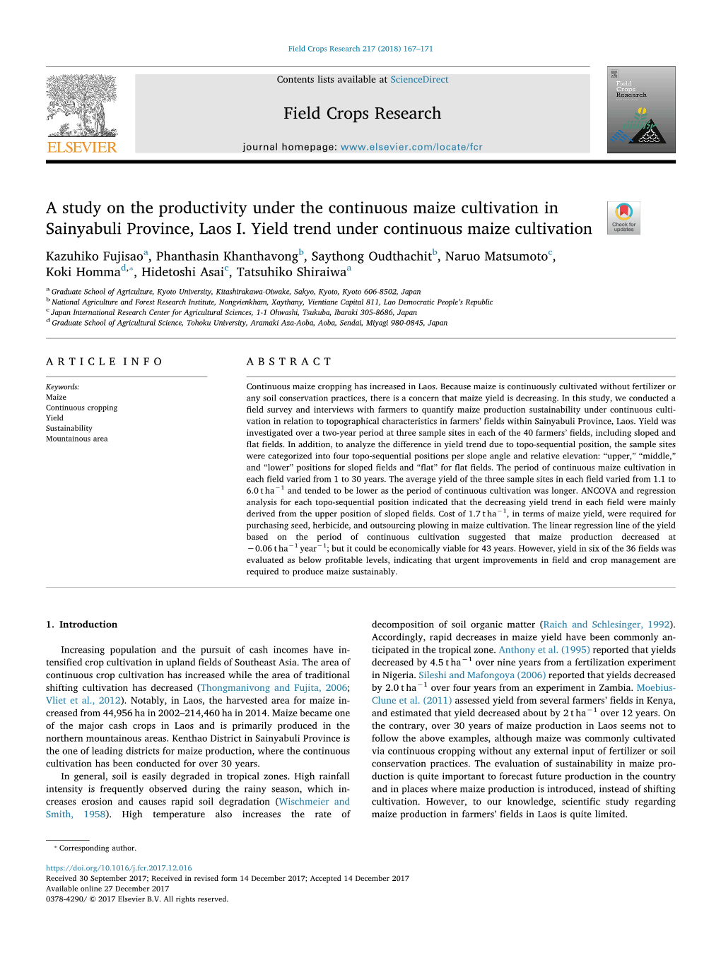 A Study on the Productivity Under the Continuous Maize Cultivation in T Sainyabuli Province, Laos I