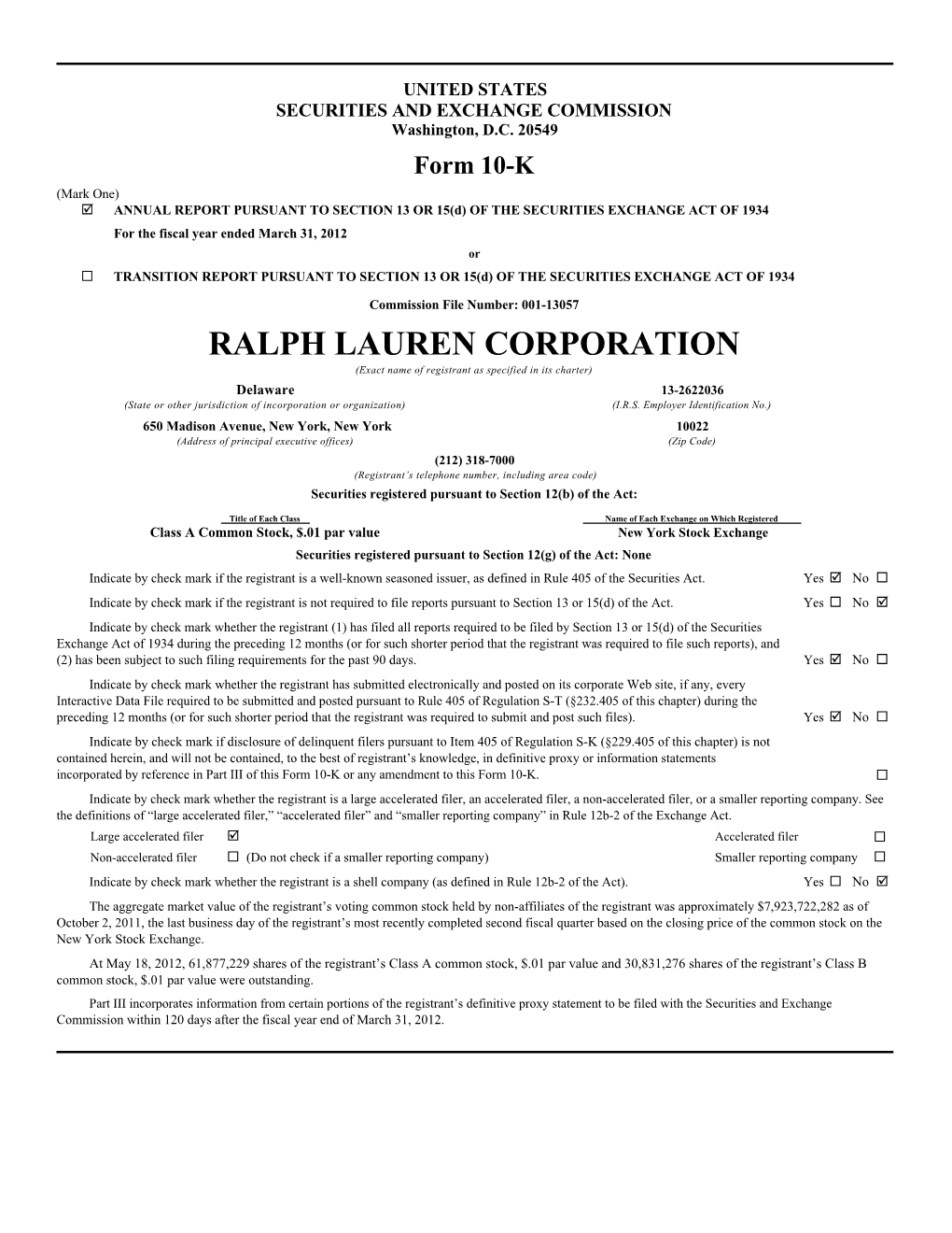 RALPH LAUREN CORPORATION (Exact Name of Registrant As Specified in Its Charter)