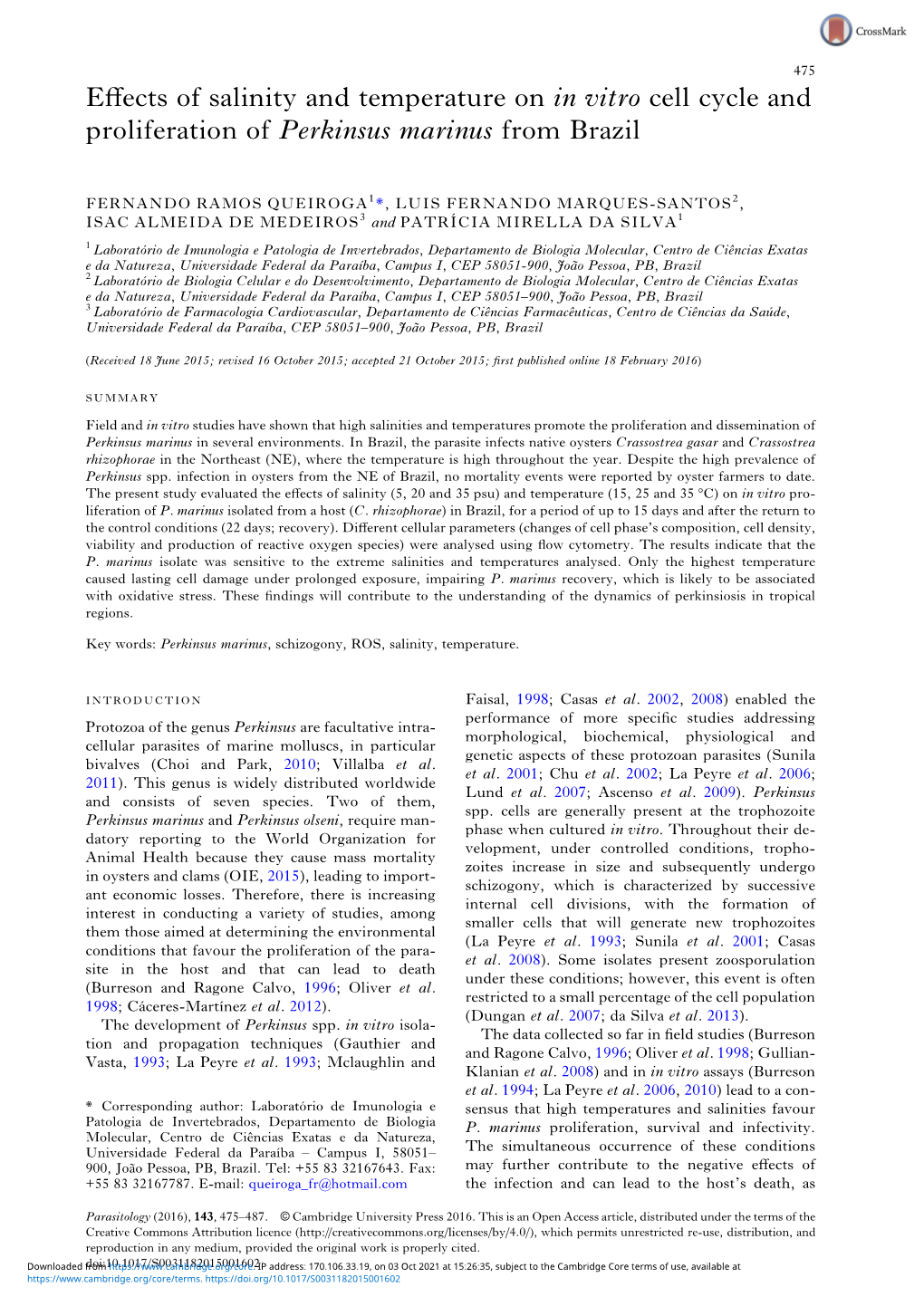 Effects of Salinity and Temperature on in Vitro Cell Cycle and Proliferation Of