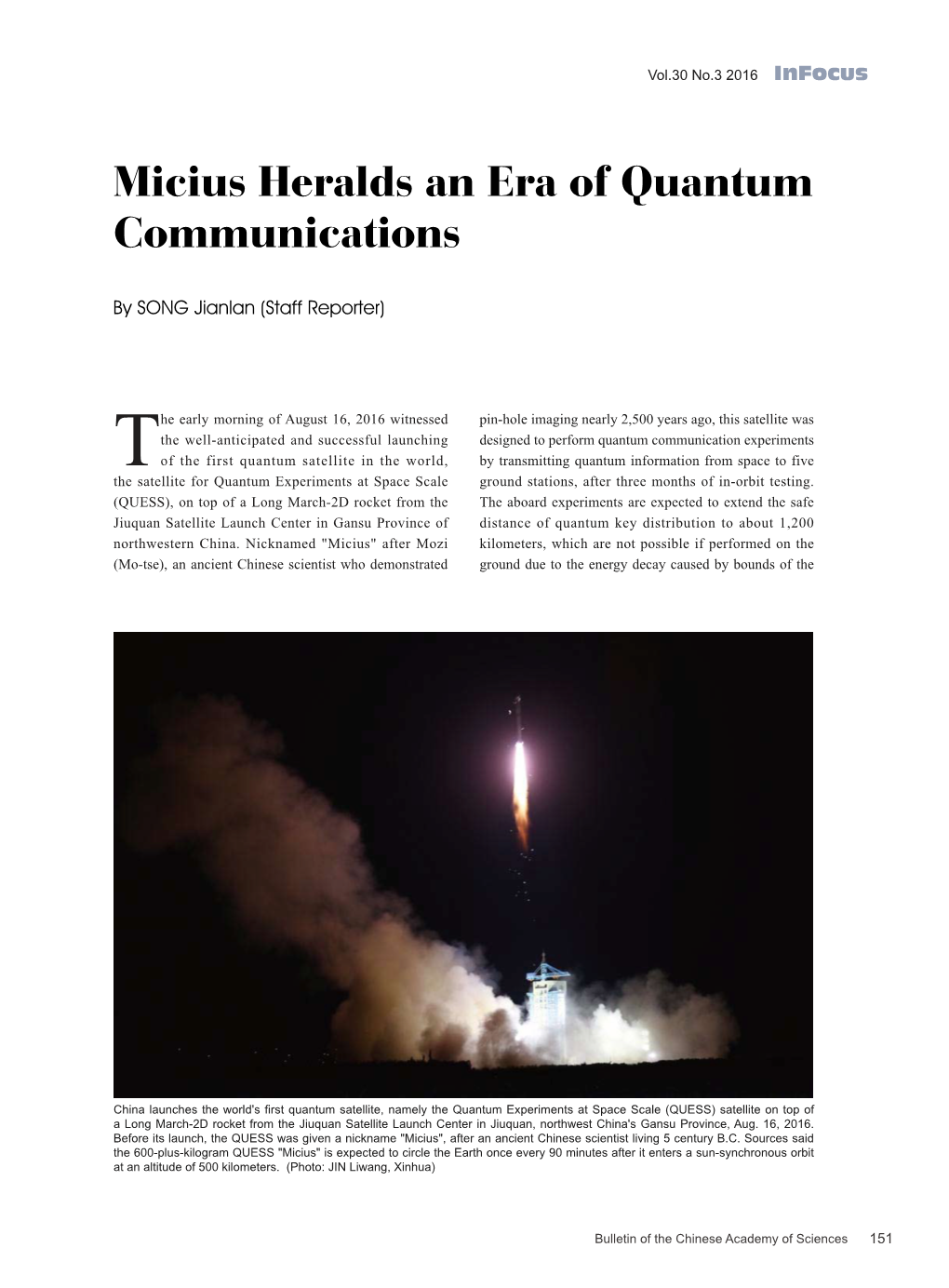 Micius Heralds an Era of Quantum Communications