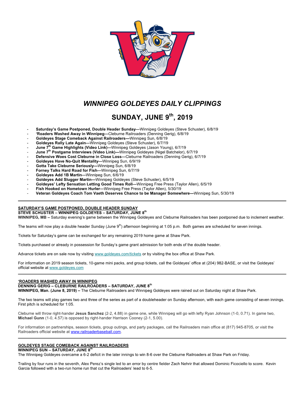 Winnipeg Goldeyes Daily Clippings Sunday, June 9 , 2019