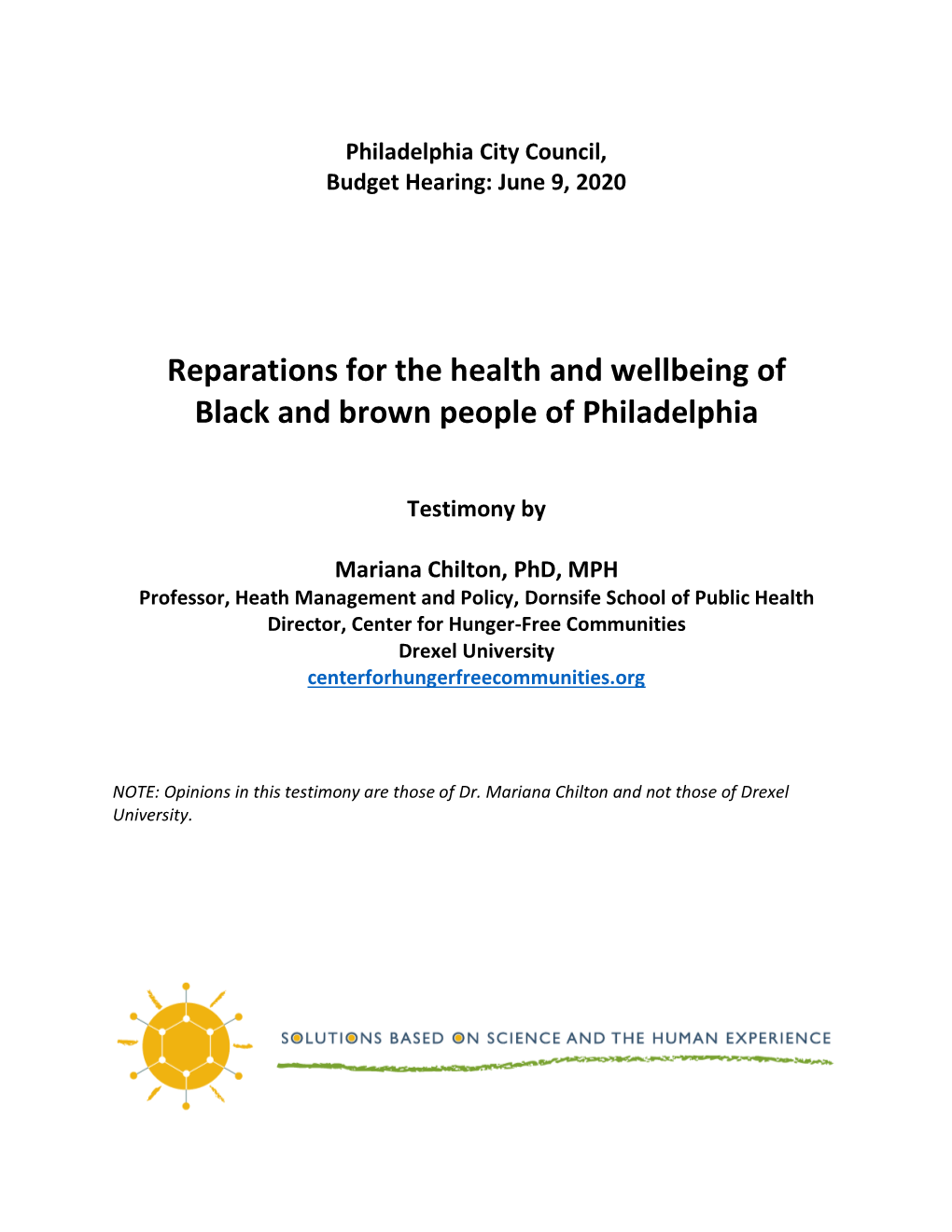 Reparations for the Health and Wellbeing of Black and Brown People of Philadelphia
