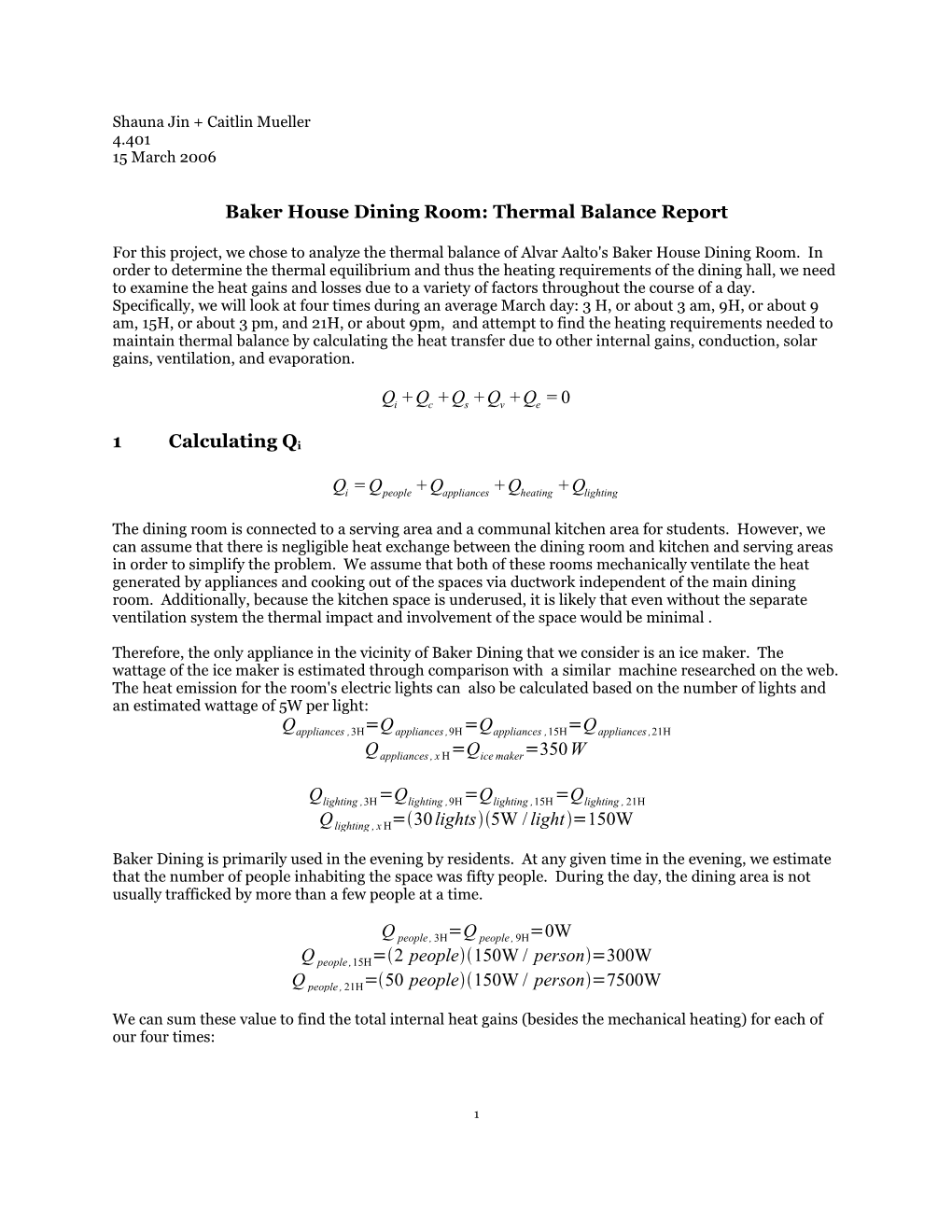 Baker House Dining Room: Thermal Balance Report 1 Calculating Qi