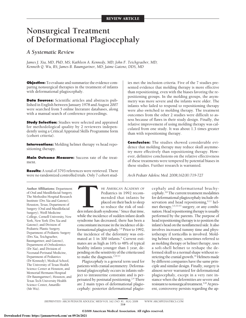 Nonsurgical Treatment of Deformational Plagiocephaly a Systematic Review