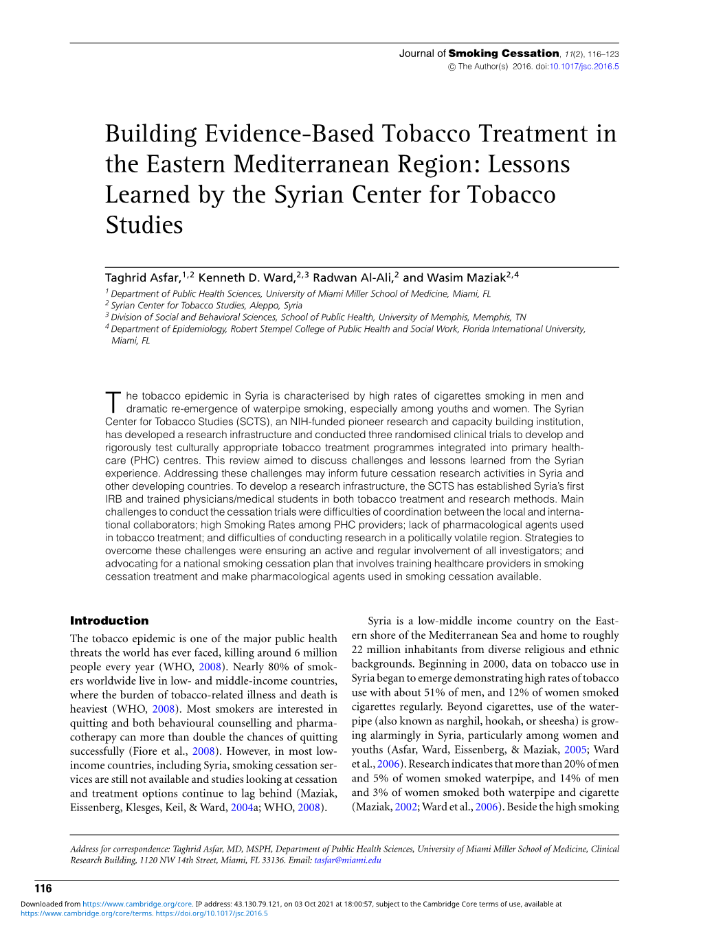 Building Evidence-Based Tobacco Treatment in the Eastern Mediterranean Region: Lessons Learned by the Syrian Center for Tobacco Studies
