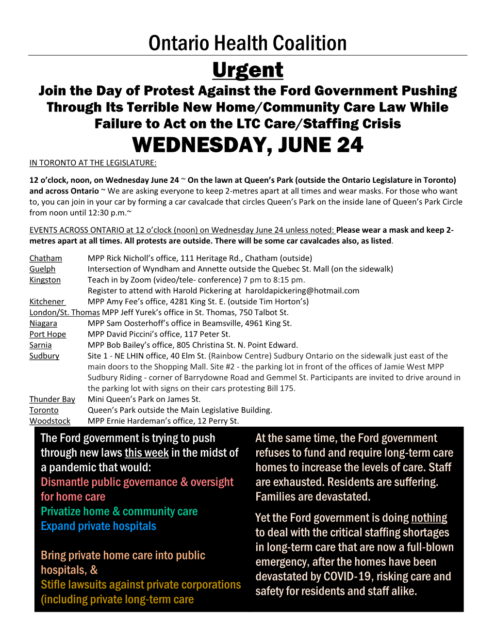 Ontario Health Coalition Urgent WEDNESDAY, JUNE 24