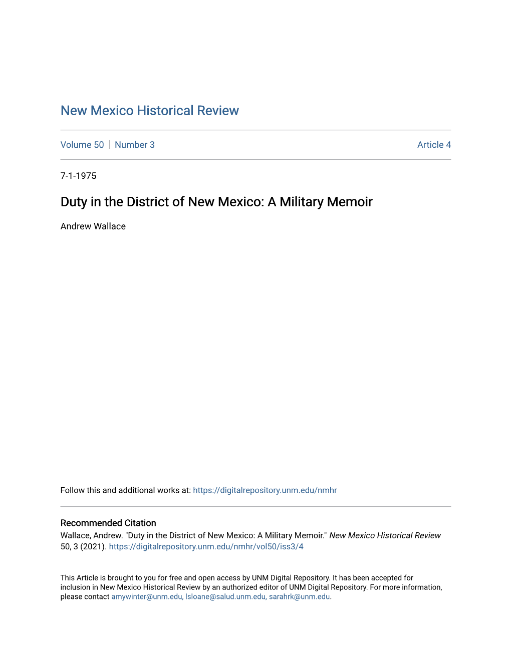 Duty in the District of New Mexico: a Military Memoir