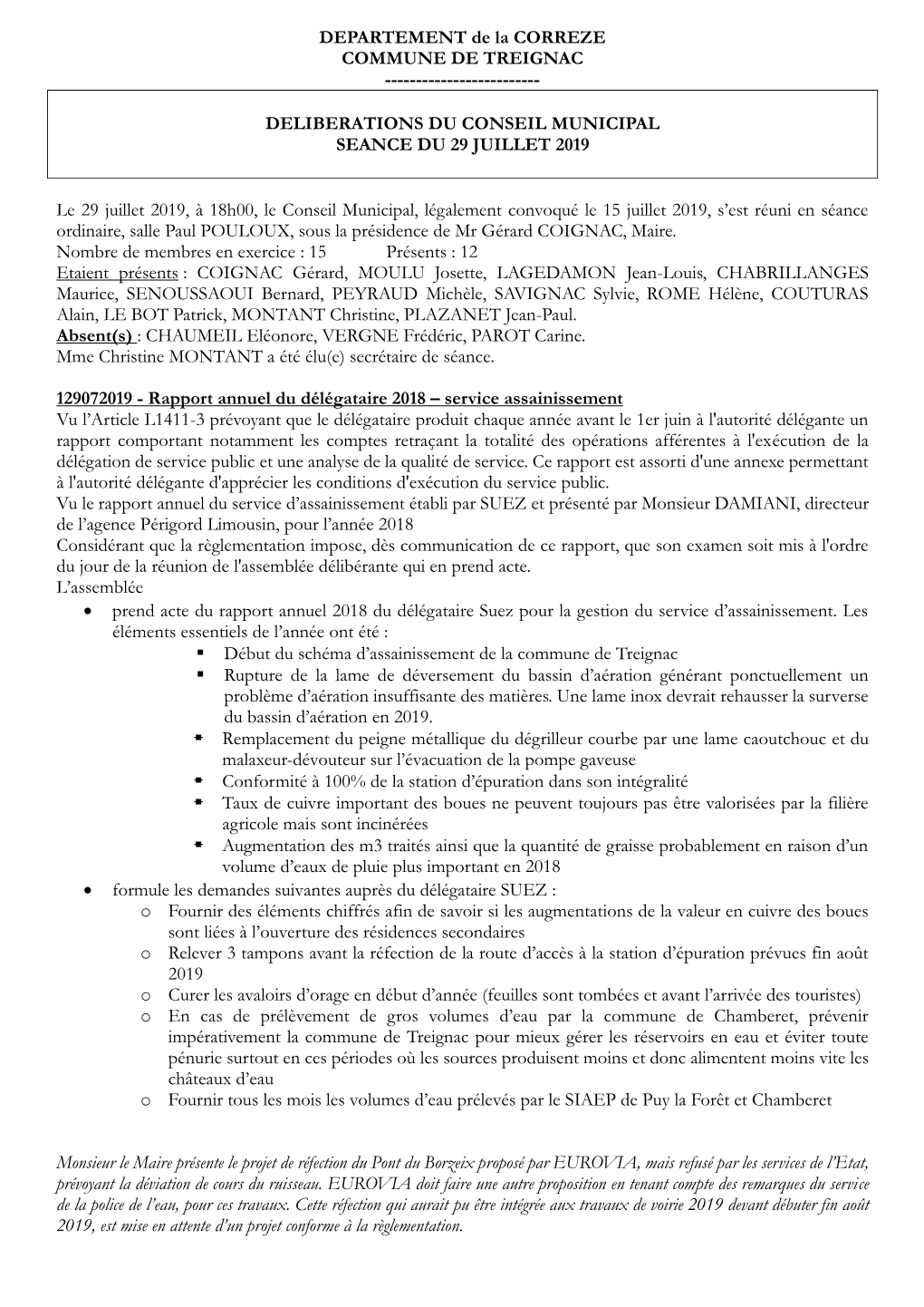 Conseil Municipal Du 29 Juillet 2019