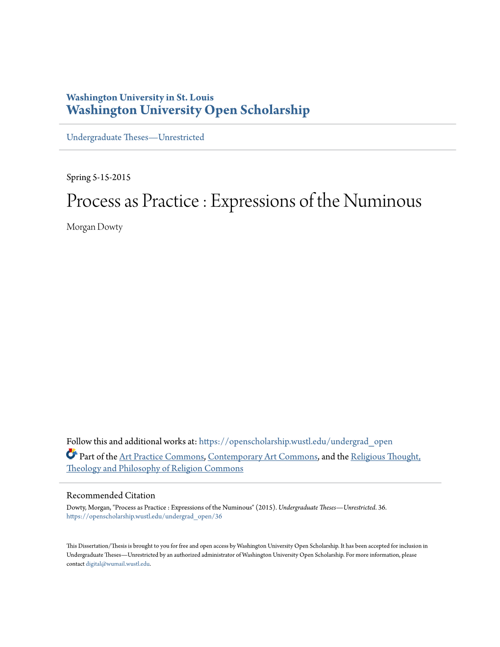 Process As Practice : Expressions of the Numinous Morgan Dowty