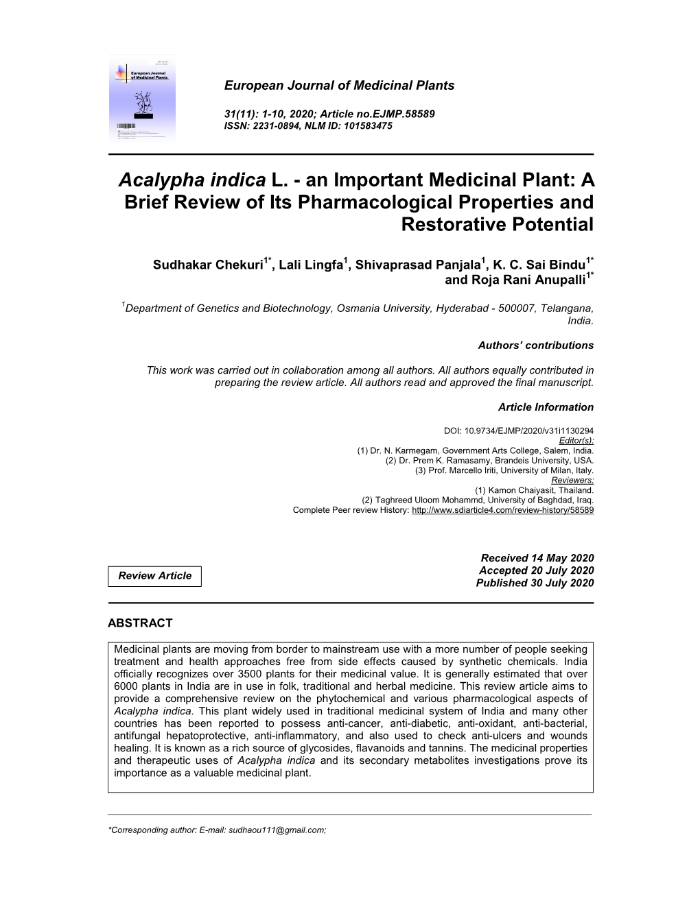 Acalypha Indica L. - an Important Medicinal Plant: a Brief Review of Its Pharmacological Properties and Restorative Potential