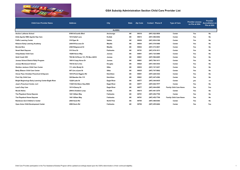 GSA Subsidy Administration Section Child Care Provider List Joni's