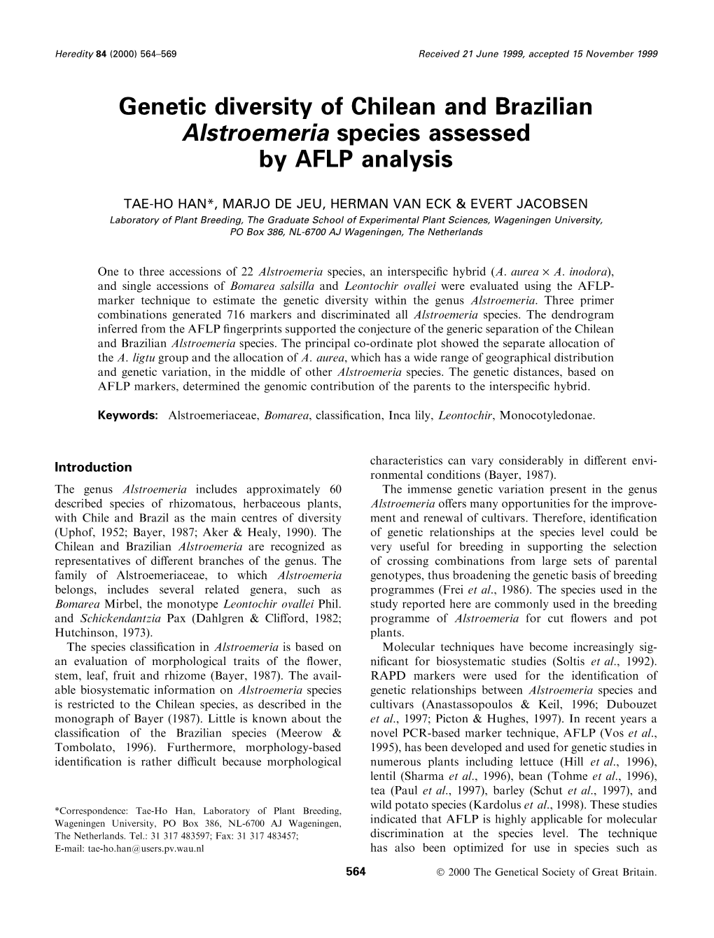 Genetic Diversity of Chilean and Brazilian Alstroemeria Species Assessed by AFLP Analysis