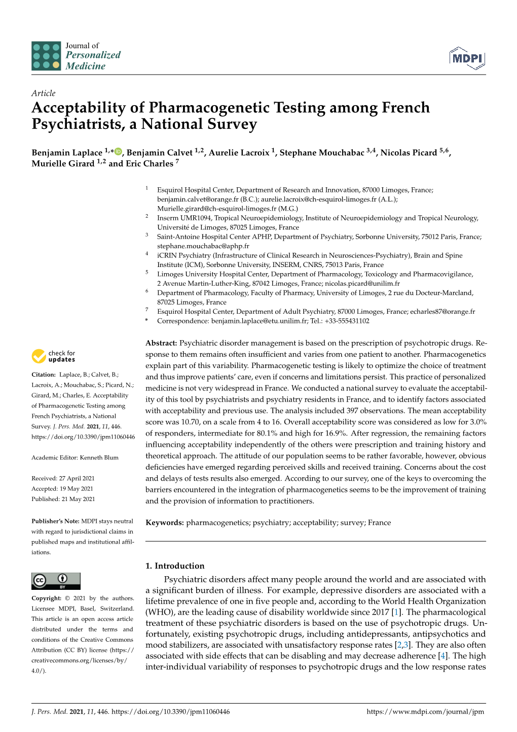 Acceptability of Pharmacogenetic Testing Among French Psychiatrists, a National Survey