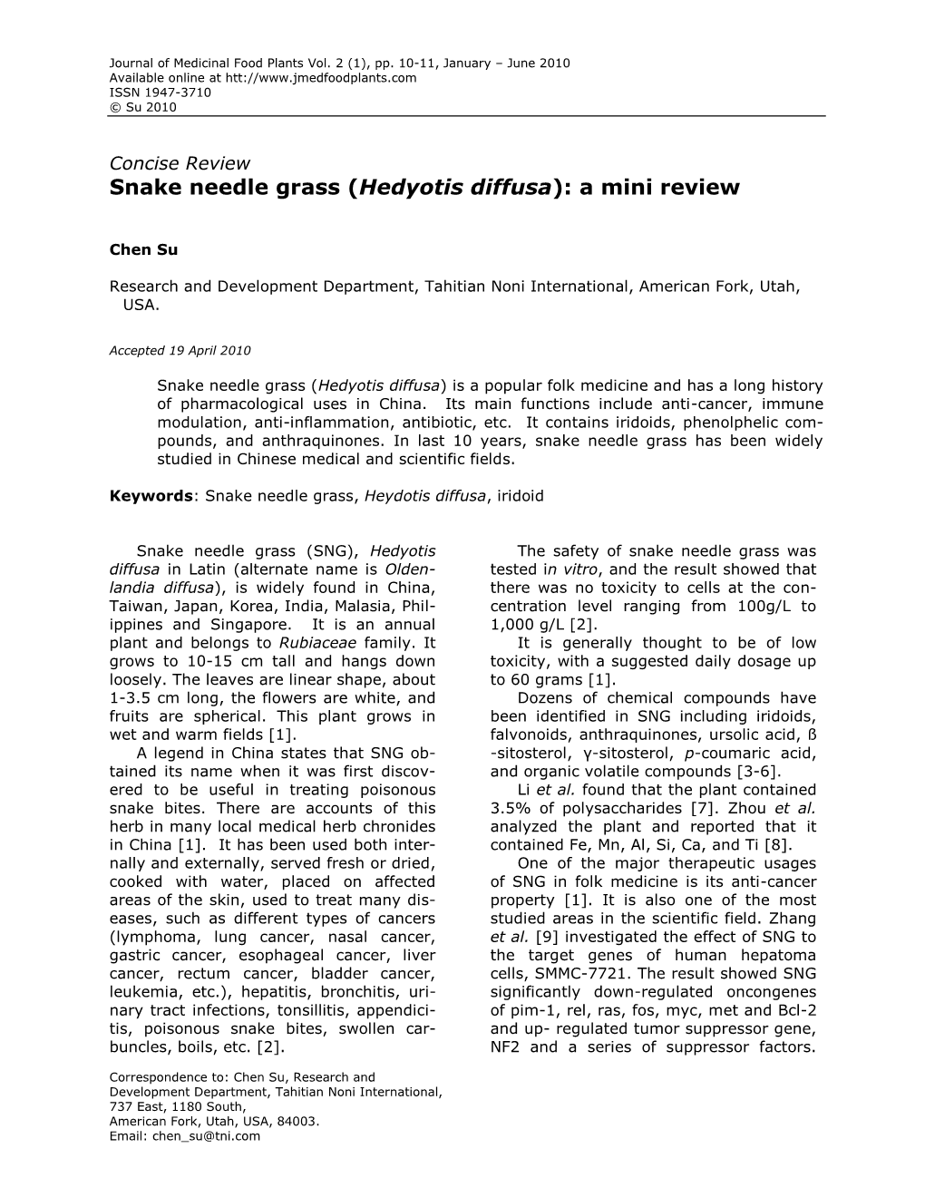 Hedyotis Diffusa): a Mini Review