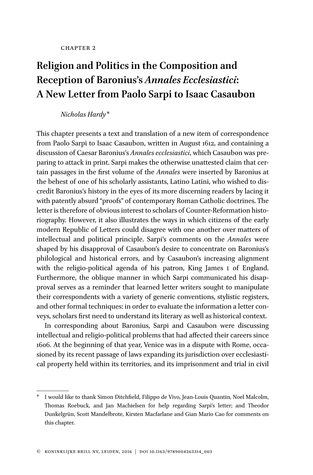 Religion and Politics in the Composition and Reception of Baronius’S Annales Ecclesiastici: a New Letter from Paolo Sarpi to Isaac Casaubon