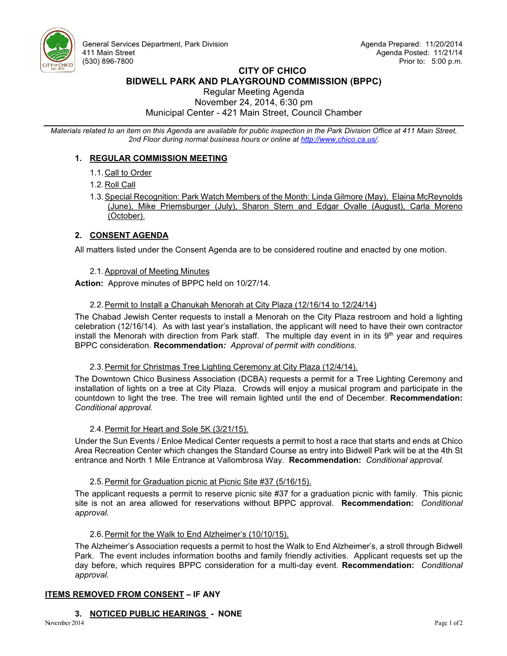 (BPPC) Regular Meeting Agenda November 24, 2014, 6:30 Pm Municipal Center - 421 Main Street, Council Chamber