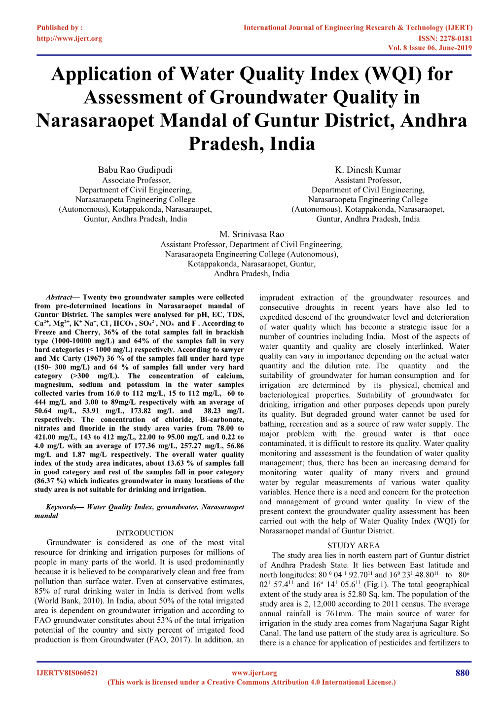 WQI) for Assessment of Groundwater Quality in Narasaraopet Mandal of Guntur District, Andhra Pradesh, India