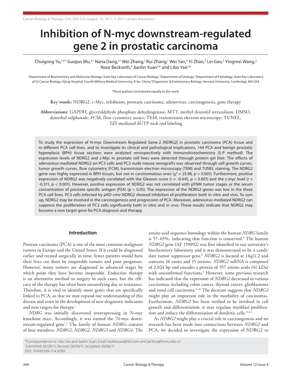 Inhibition of N-Myc Downstream-Regulated Gene 2 in Prostatic Carcinoma