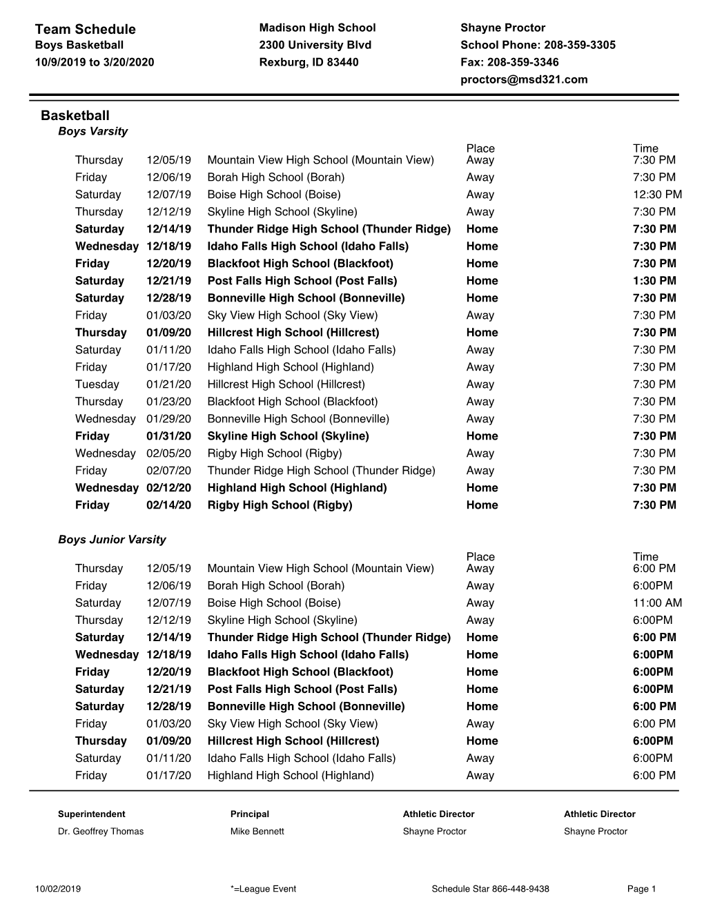 Team Schedule Basketball