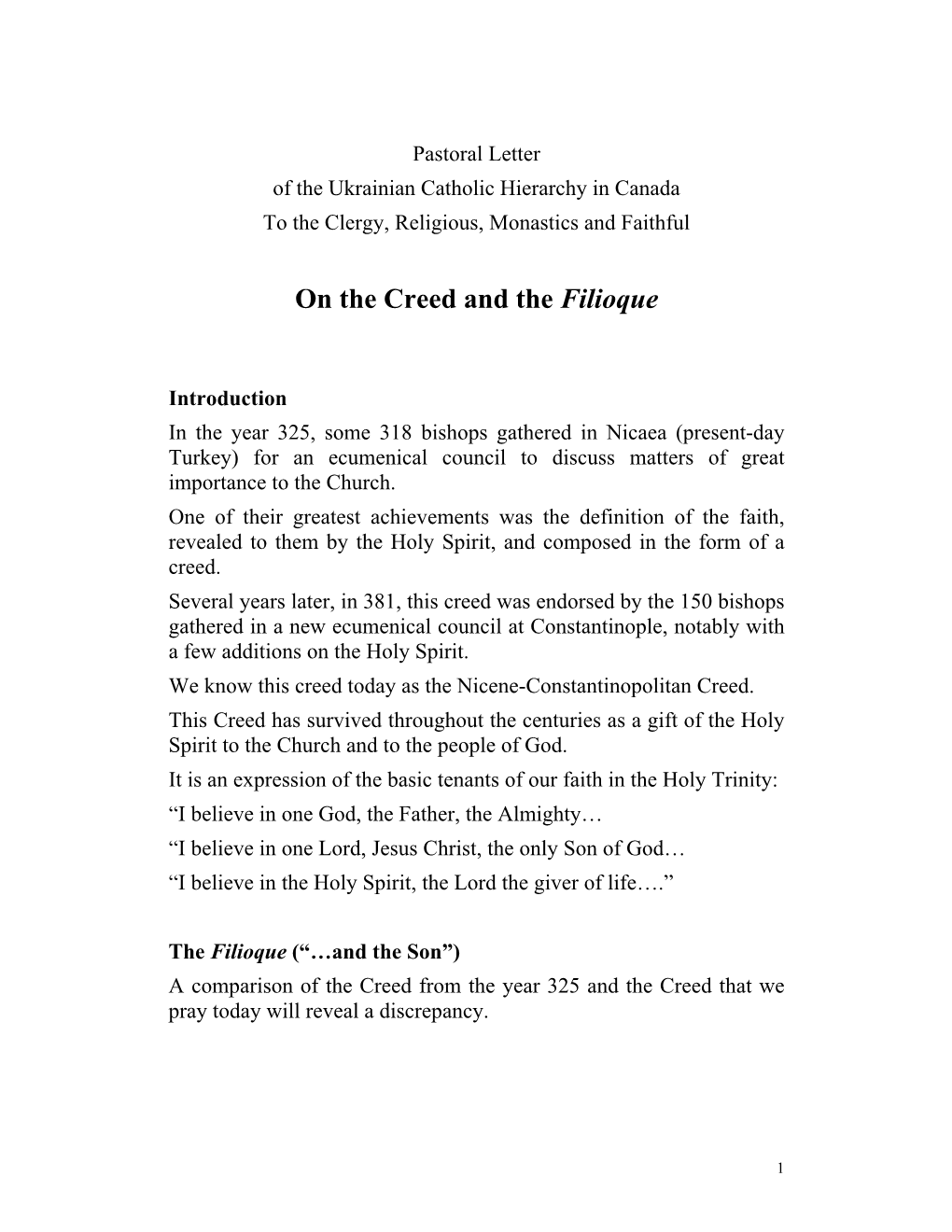 Pastoral Note on the Creed and the Filioque