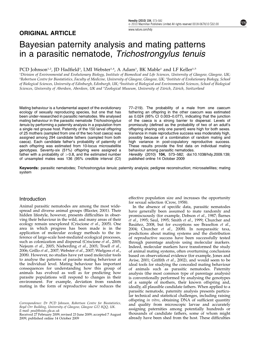 Bayesian Paternity Analysis and Mating Patterns in a Parasitic Nematode, Trichostrongylus Tenuis