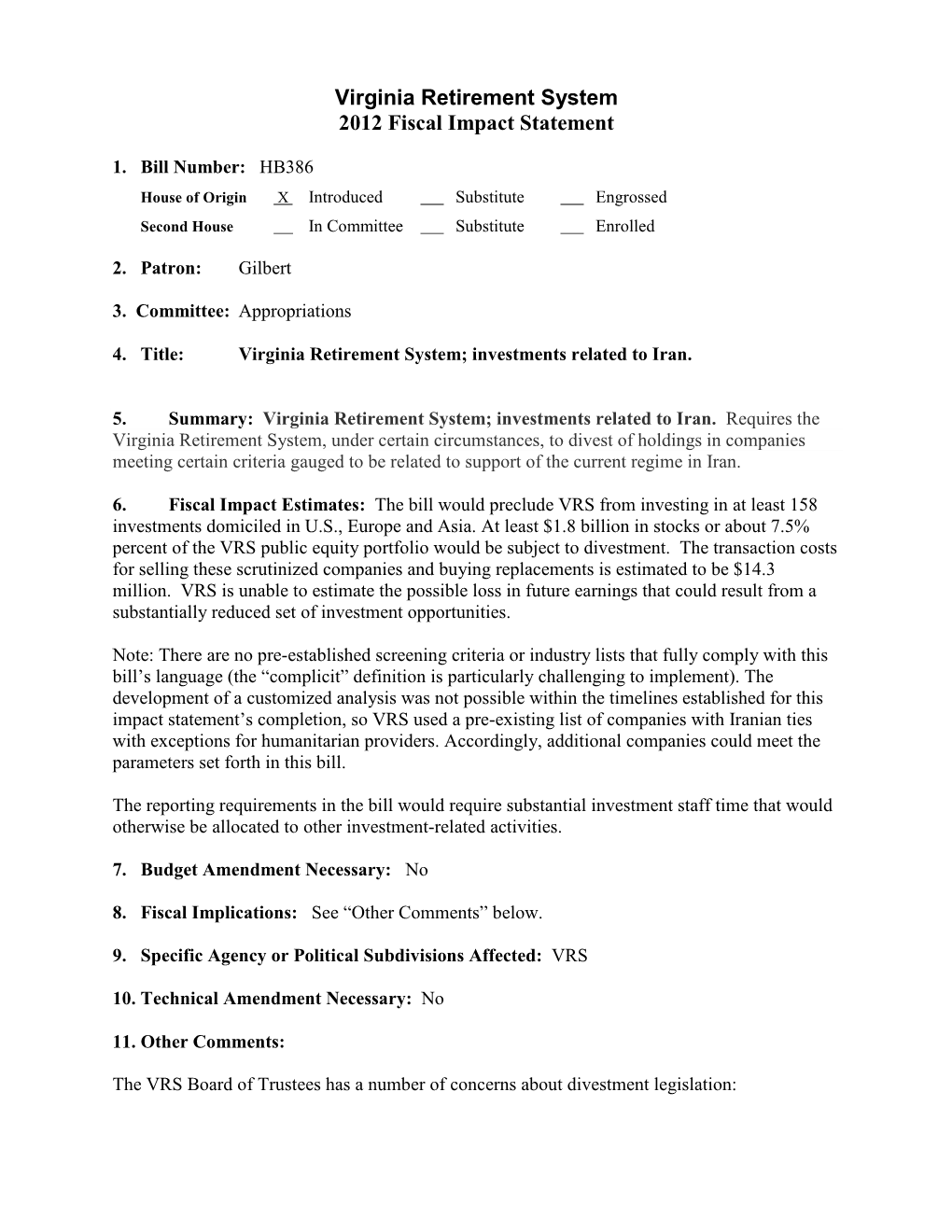 Virginia Retirement System 2012 Fiscal Impact Statement