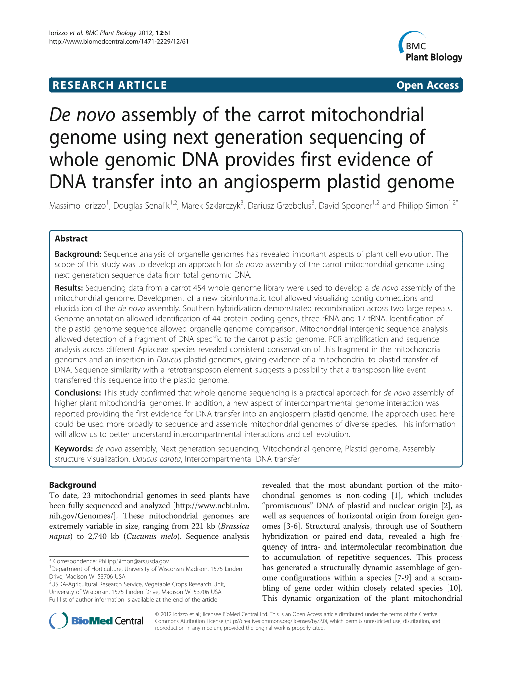 De Novo Assembly of the Carrot Mitochondrial Genome Using Next