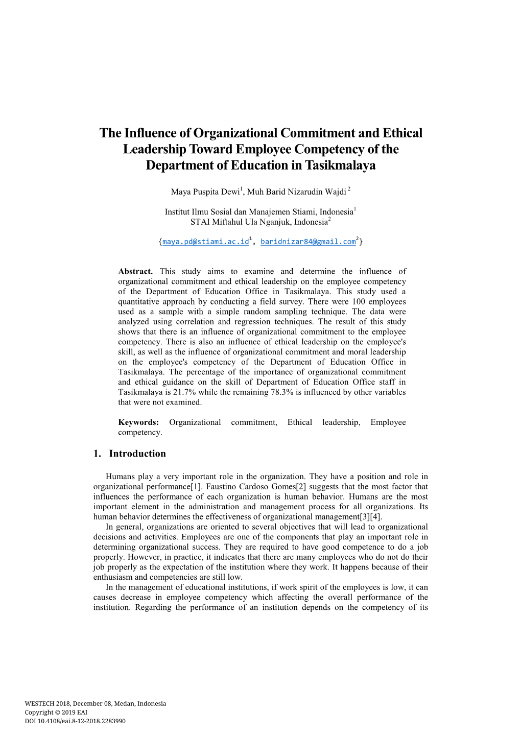 The Influence of Organizational Commitment and Ethical Leadership Toward Employee Competency of the Department of Education in Tasikmalaya