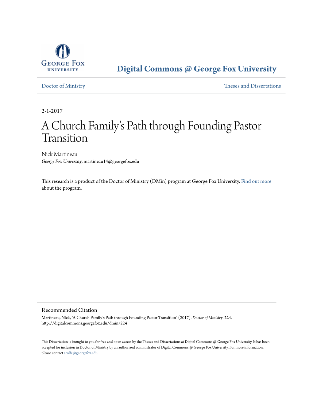 A Church Family's Path Through Founding Pastor Transition Nick Martineau George Fox University, Martineau14@Georgefox.Edu