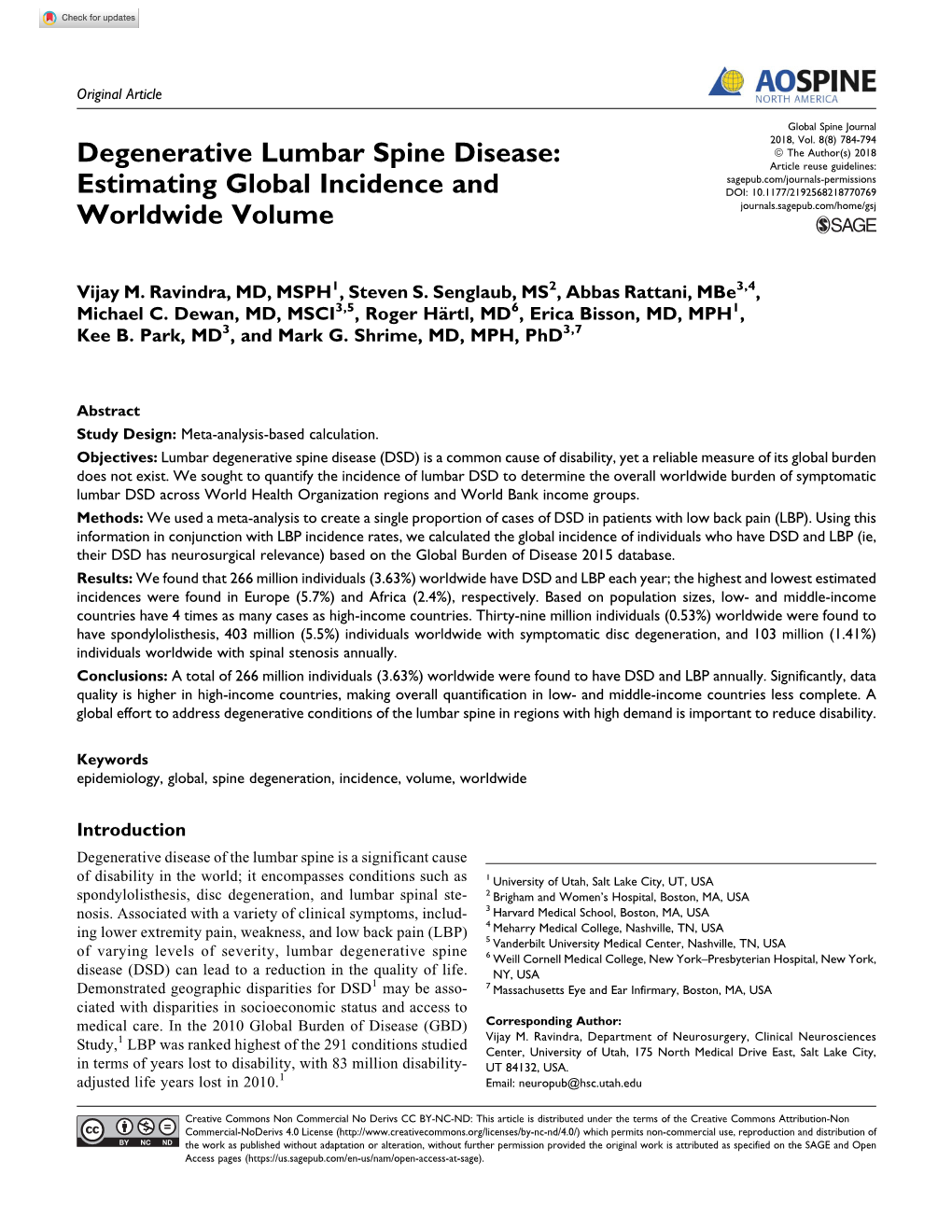 Degenerative Lumbar Spine Disease: Estimating Global Incidence And