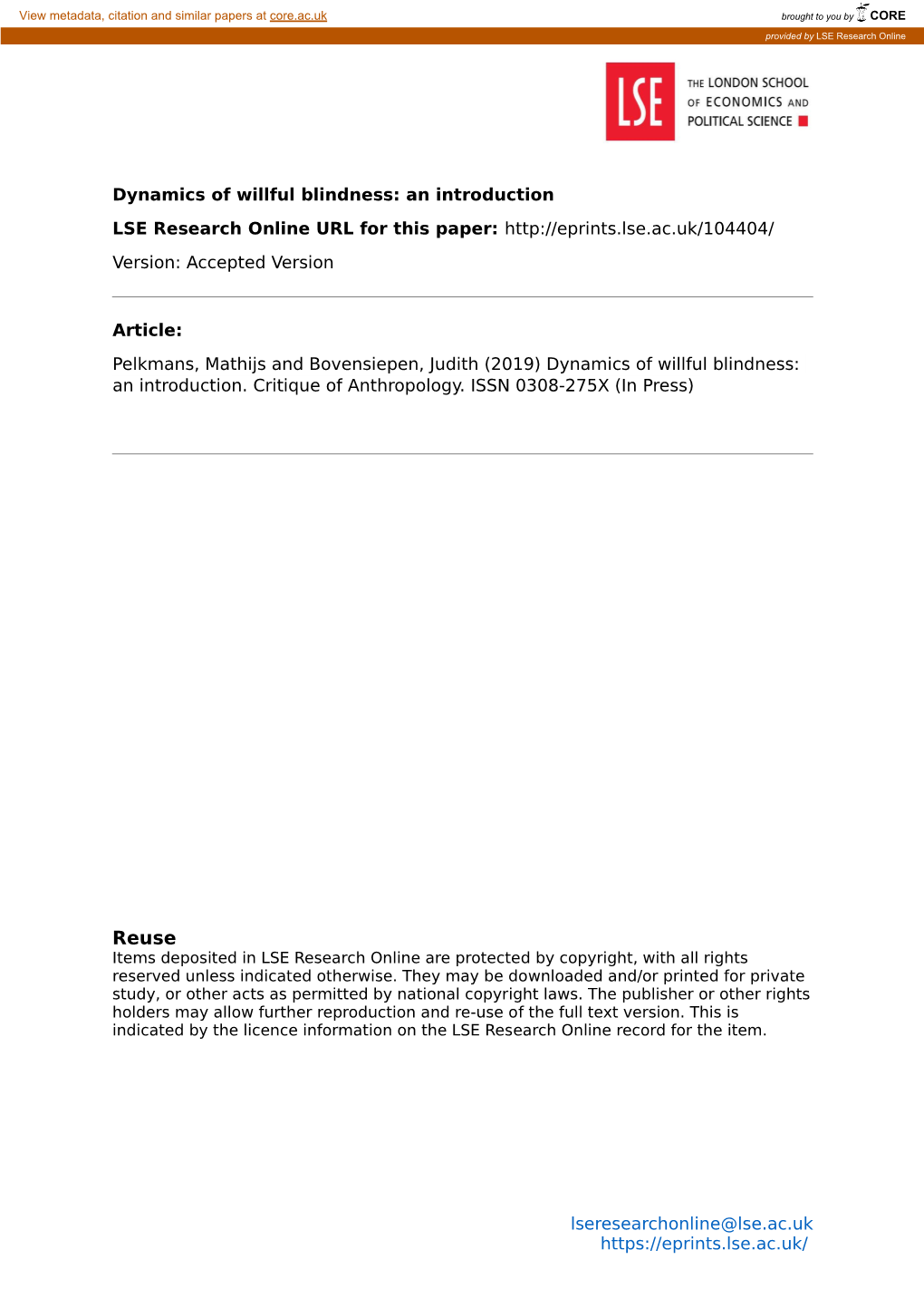 Dynamics of Willful Blindness: an Introduction LSE Research Online URL for This Paper: Version: Accepted Version