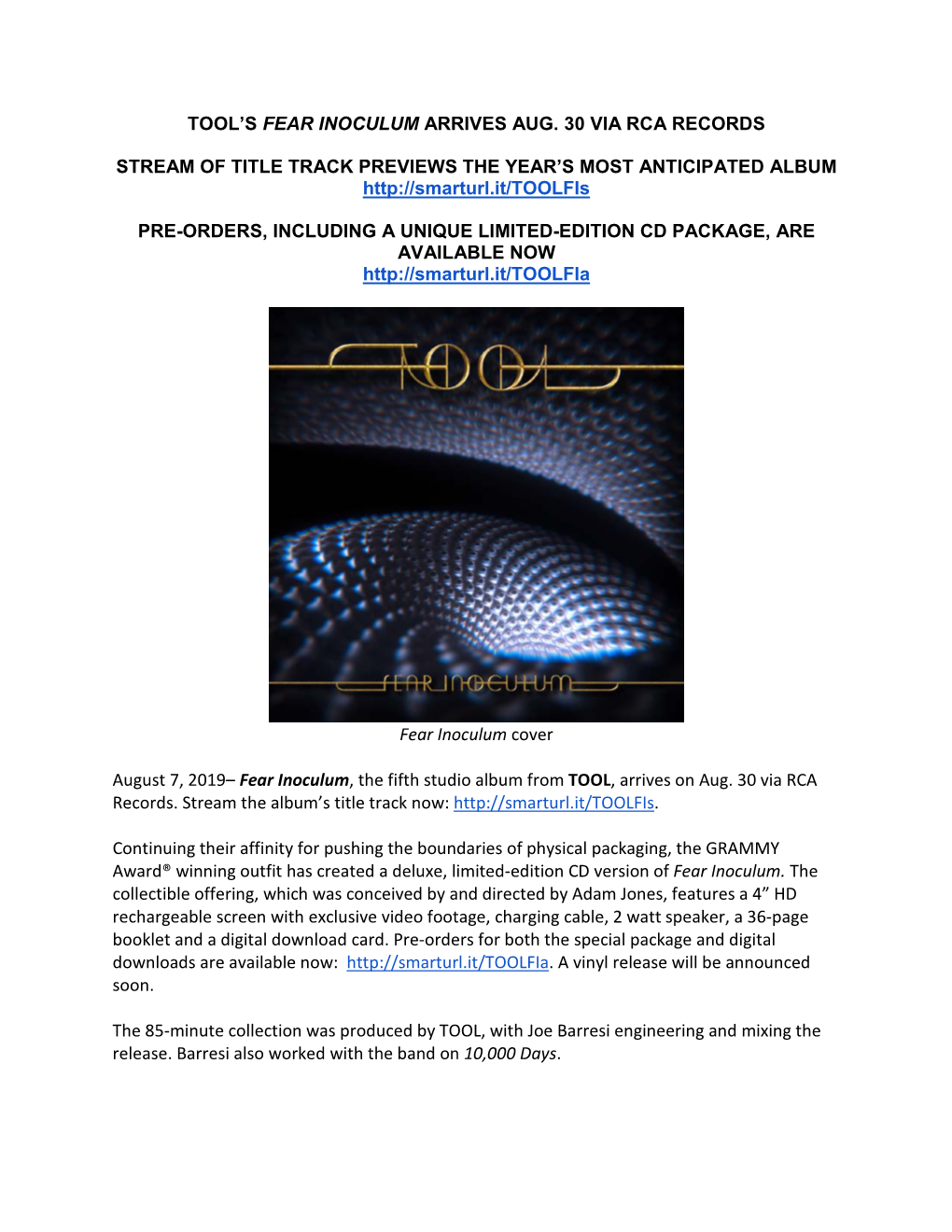 Tool's Fear Inoculum Arrives Aug. 30 Via Rca Records