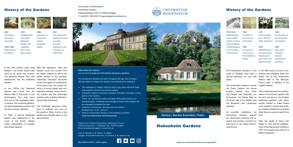 Hohenheim Gardens History of the Gardens Filderhauptstraße 169-171 | 70593 Stuttgart T +49 (0)711 459 23537 | E Gaerten@Uni-Hohenheim.De