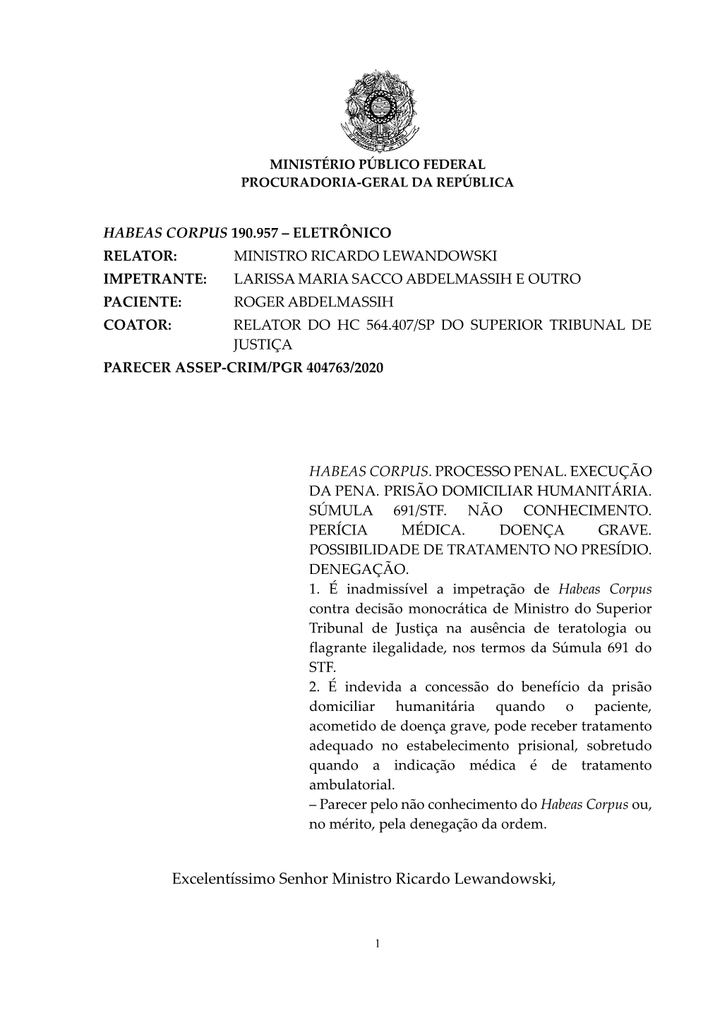 Excelentíssimo Senhor Ministro Ricardo Lewandowski