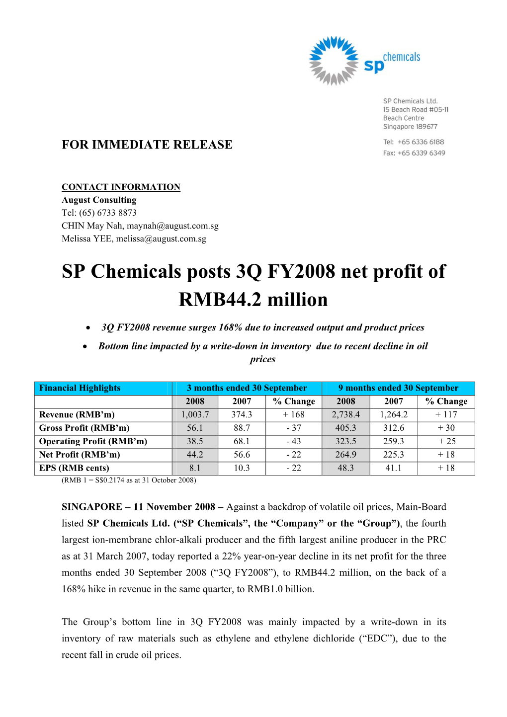 SP Chemicals Posts 3Q FY2008 Net Profit of RMB44.2 Million