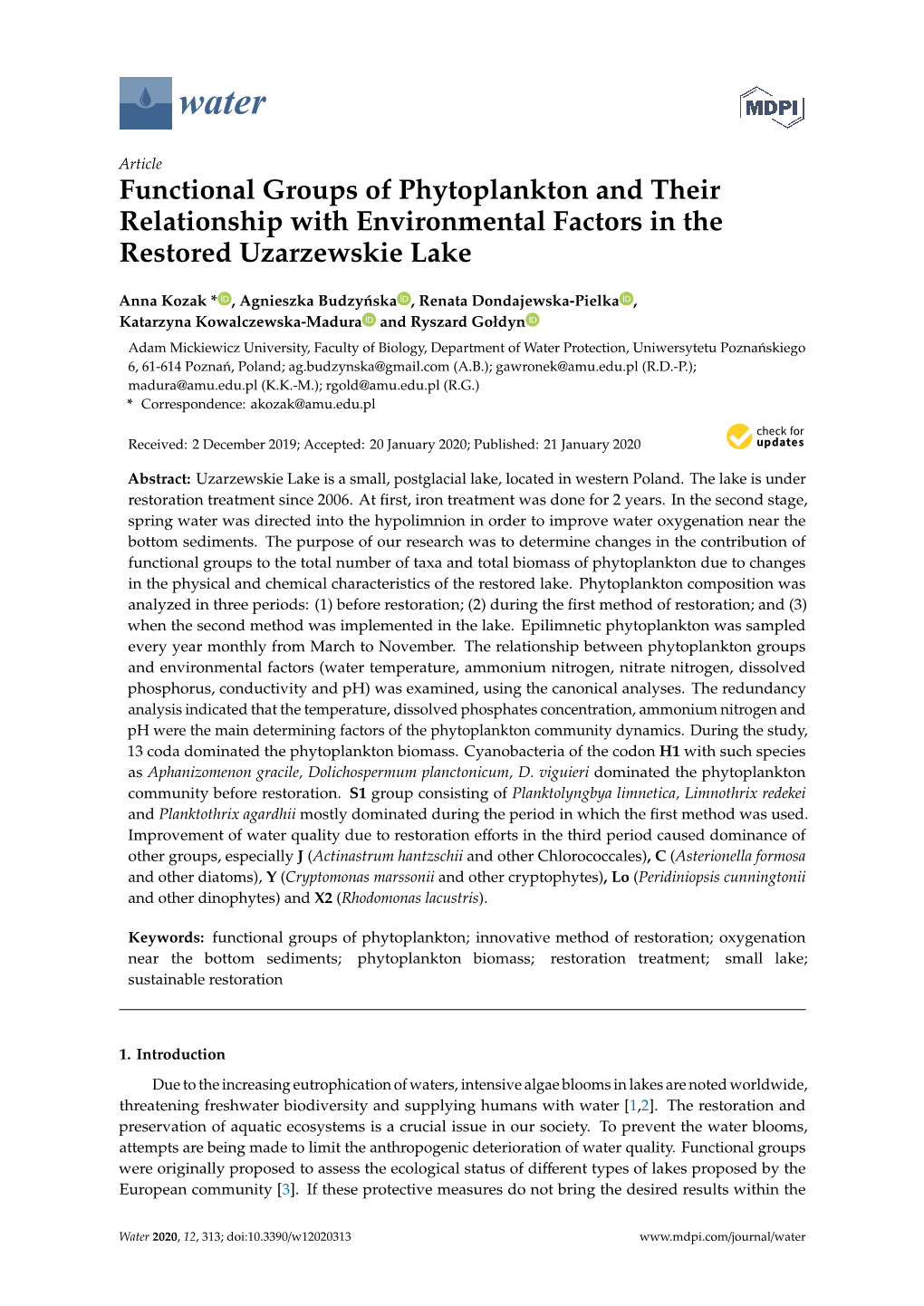 Functional Groups of Phytoplankton and Their Relationship with Environmental Factors in the Restored Uzarzewskie Lake