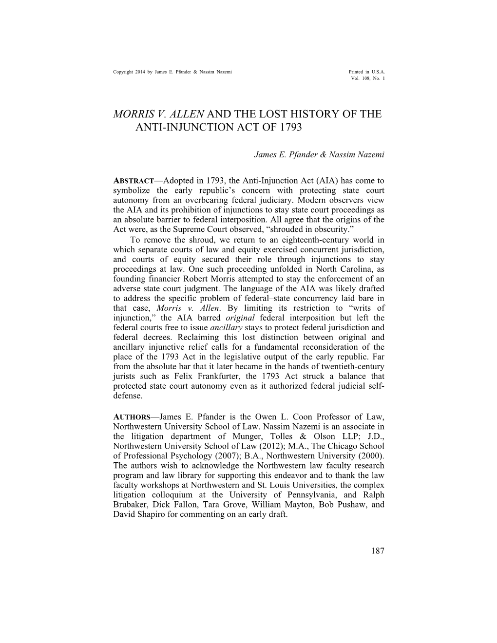 Morris V. Allen and the Lost History of the Anti-Injunction Act of 1793