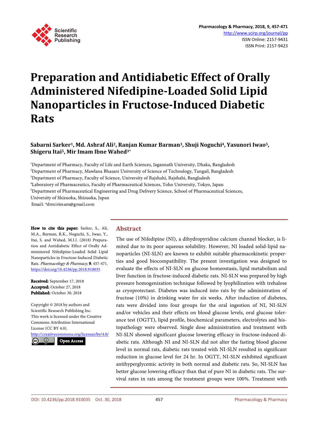 Preparation and Antidiabetic Effect of Orally Administered Nifedipine‐Loaded Solid Lipid Nanoparticles in Fructose-Induced Diabetic Rats