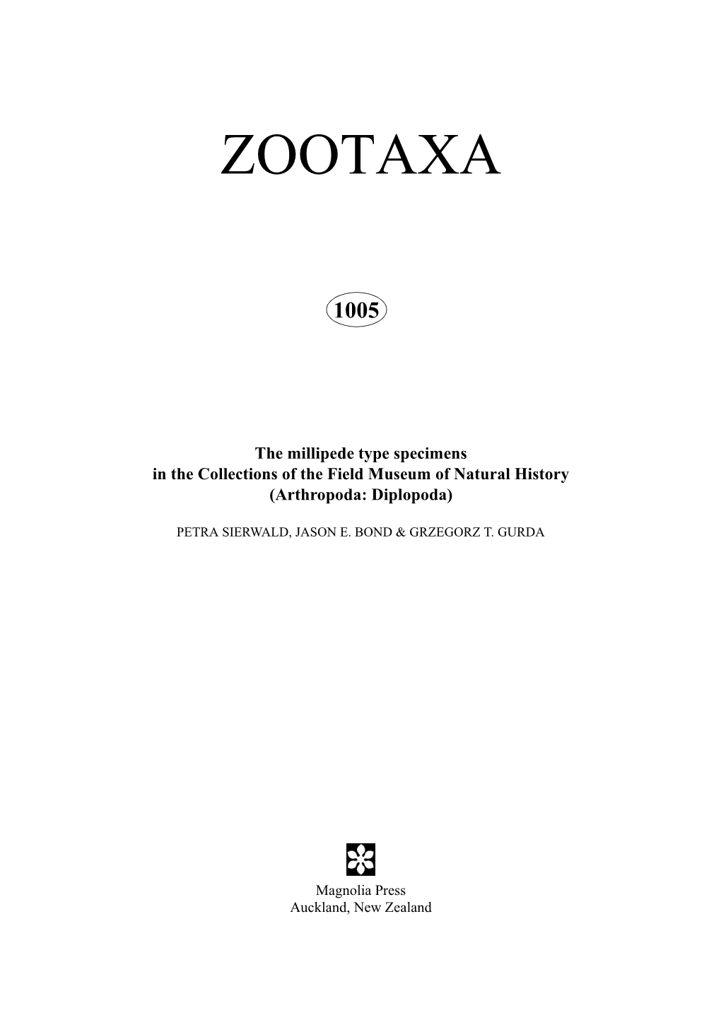 Zootaxa, Arthropoda: Diplopoda, Field Museum