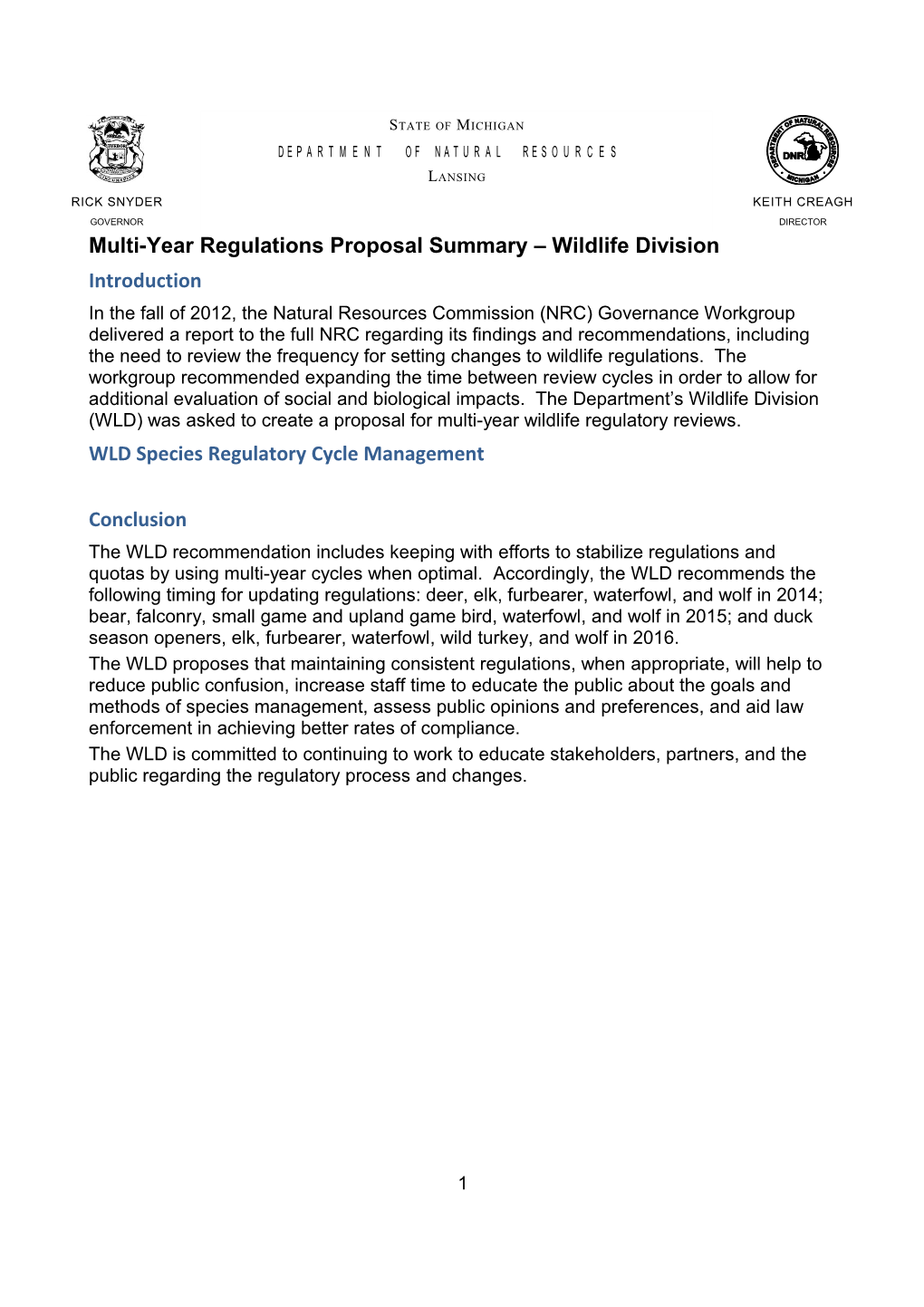 Multi-Year Regulations Proposal Summary Wildlife Division