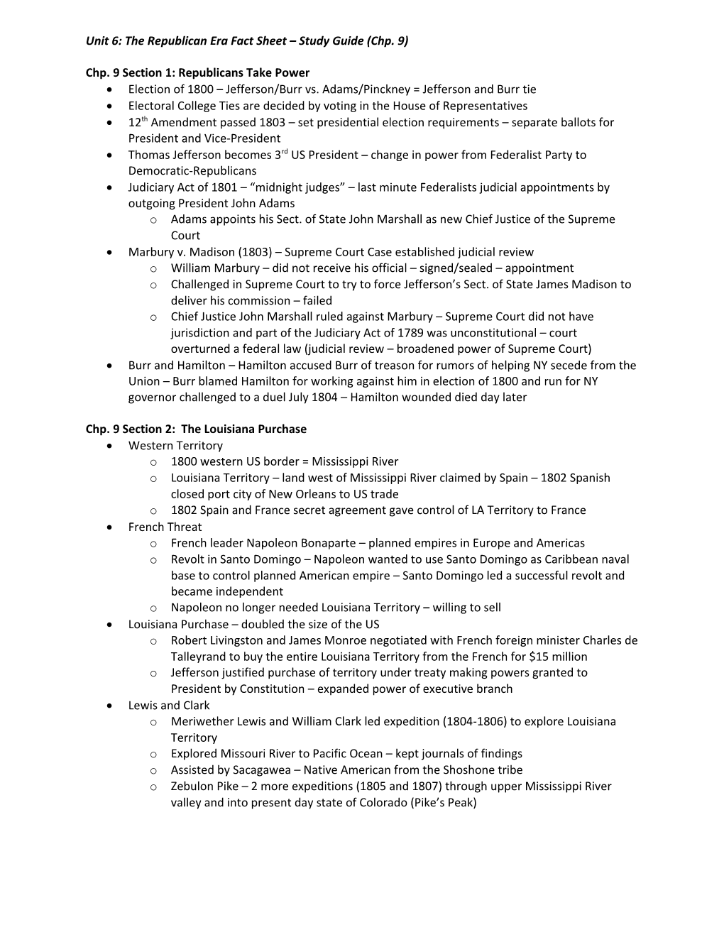 Unit 6: the Republican Era Fact Sheet Study Guide (Chp. 9)