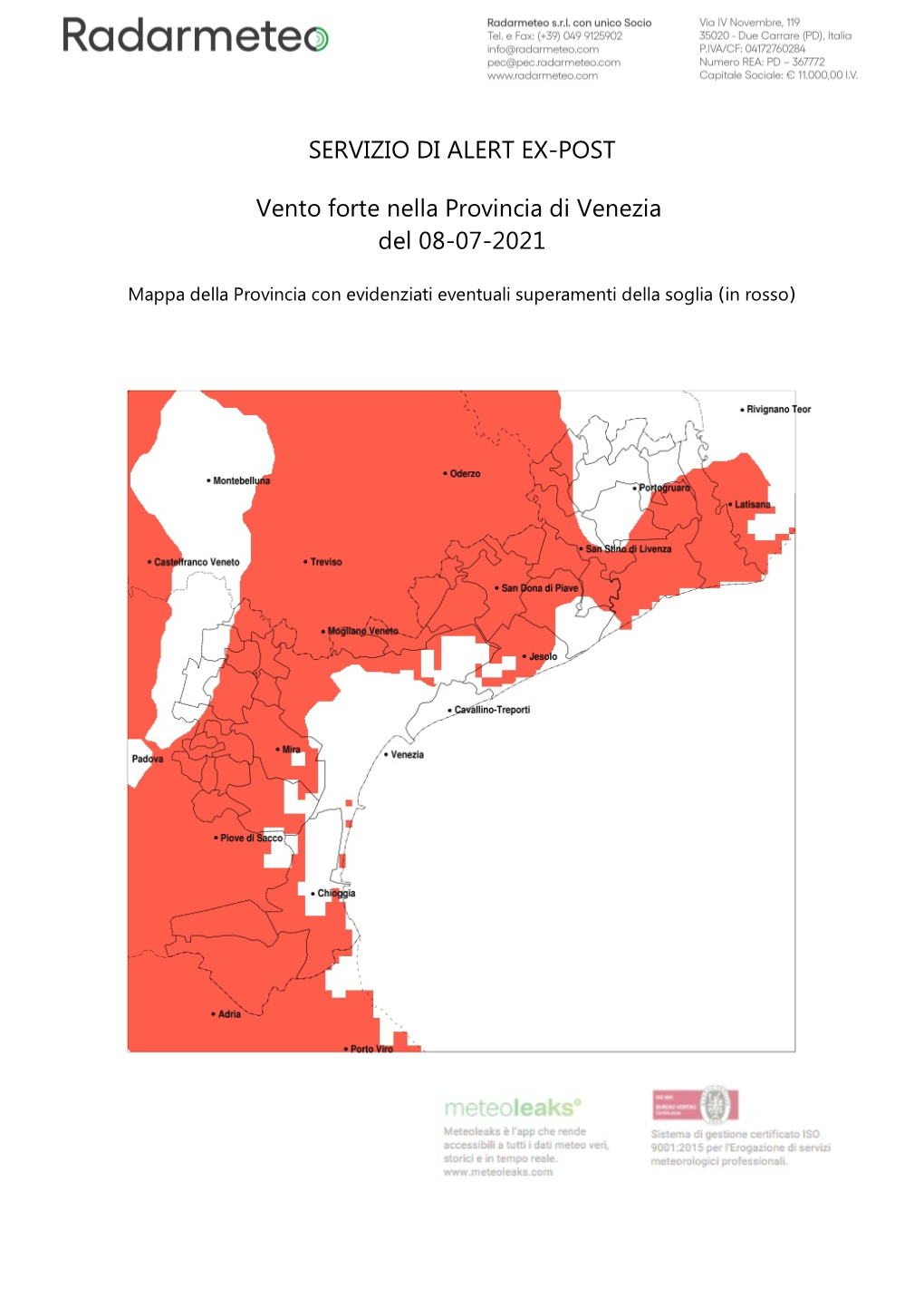 SERVIZIO DI ALERT EX-POST Vento Forte Nella Provincia Di Venezia Del