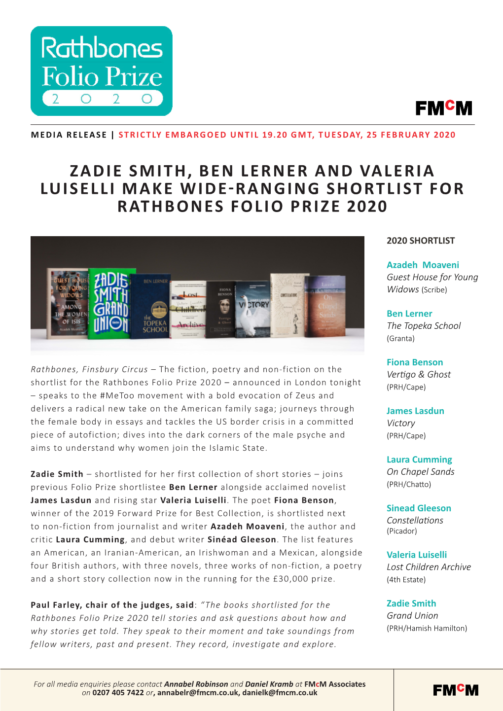 Zadie Smith, Ben Lerner and Valeria Luiselli Make Wide-Ranging Shortlist for Rathbones Folio Prize 2020