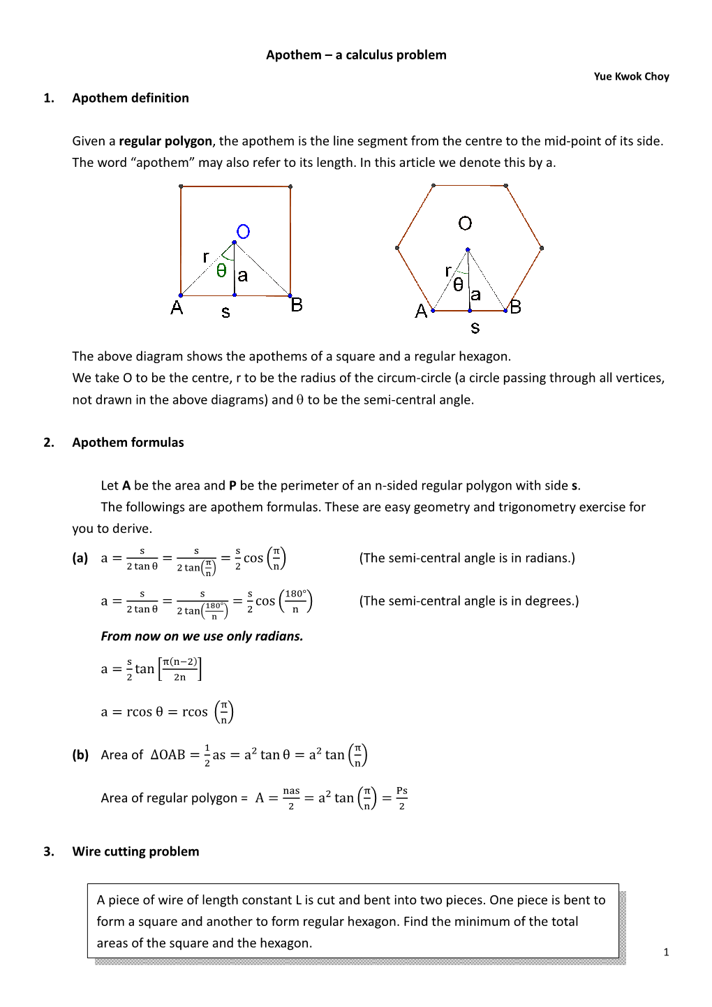 Apothem – a Calculus Problem 1. Apothem Definition Given a Regular